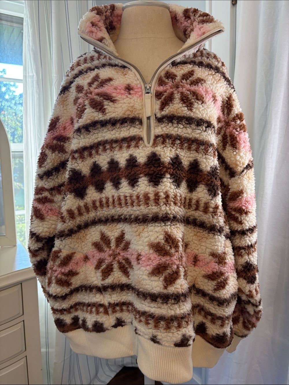 aerie Sherpa Half-Zip Pullover Sweater - Cream, Brown & Pink